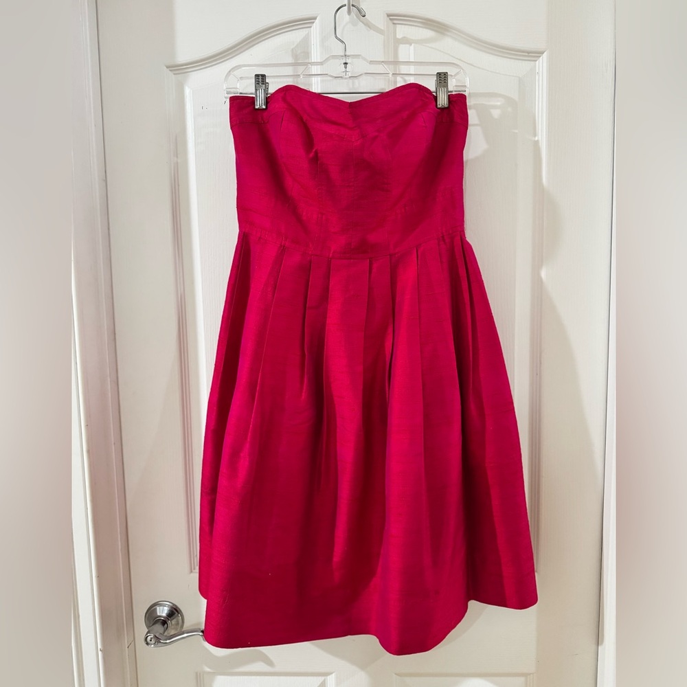 Donna Morgan Strapless Hot Pink Pleated A-Line Dress with Pockets